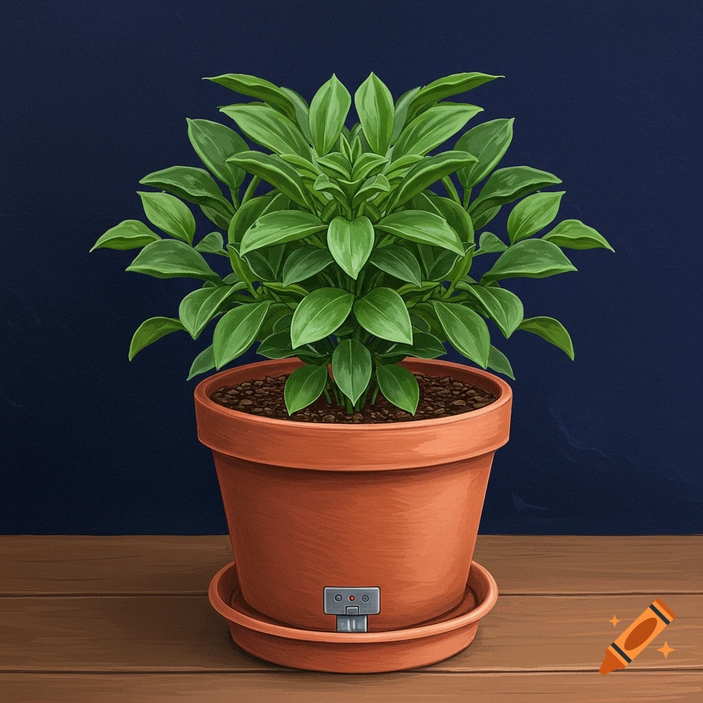 A green potted plant with a mechanical watering device sits on a wooden table.