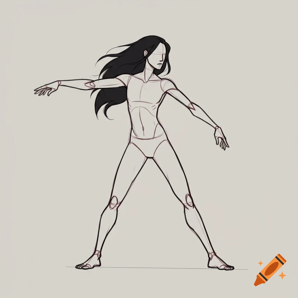 A stylized sketch of a figure in a pose with arms outstretched and legs apart, used as a drawing reference.