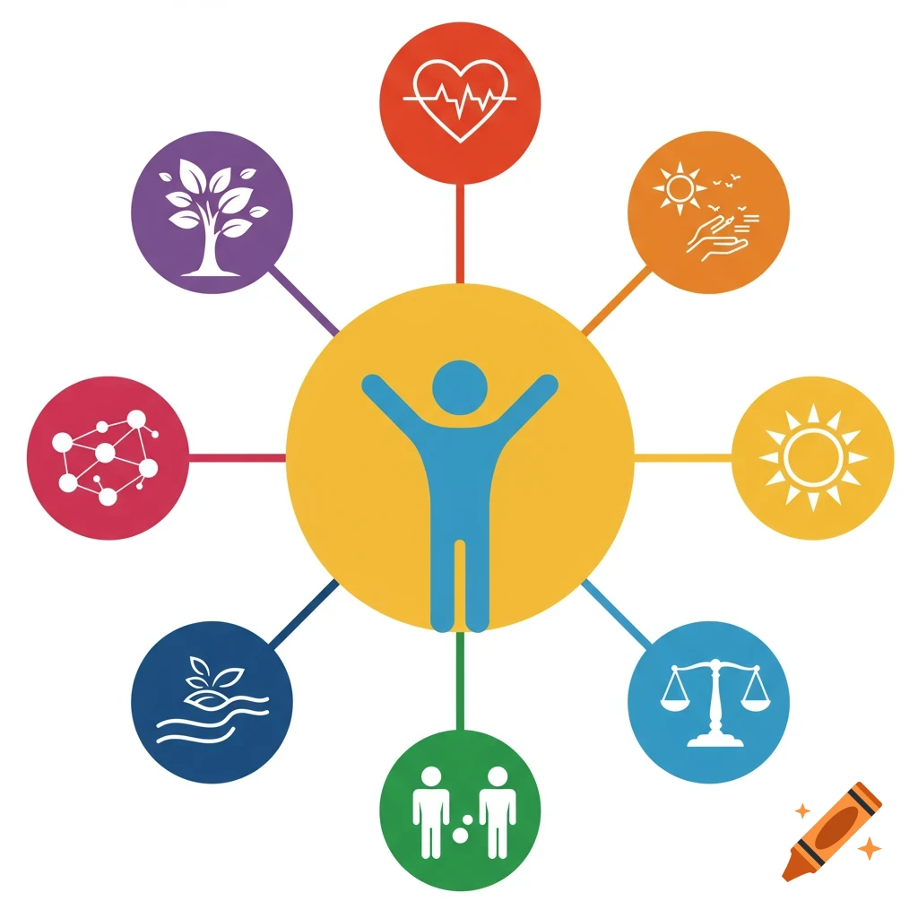 Diagram symbolizing wellness with icons for health, nature, community, and balance around a central figure.