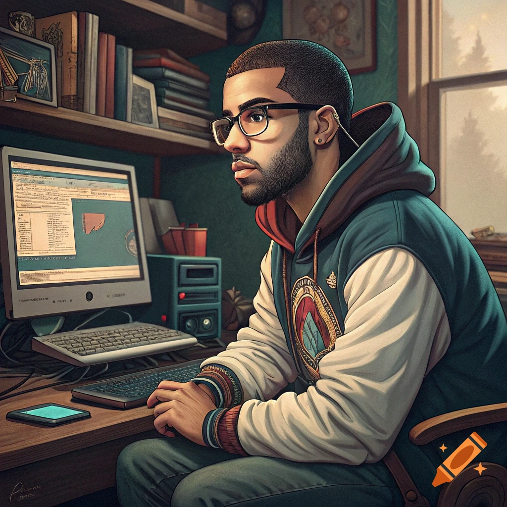 An illustration of a person with glasses sitting at a computer in a room with bookshelves.