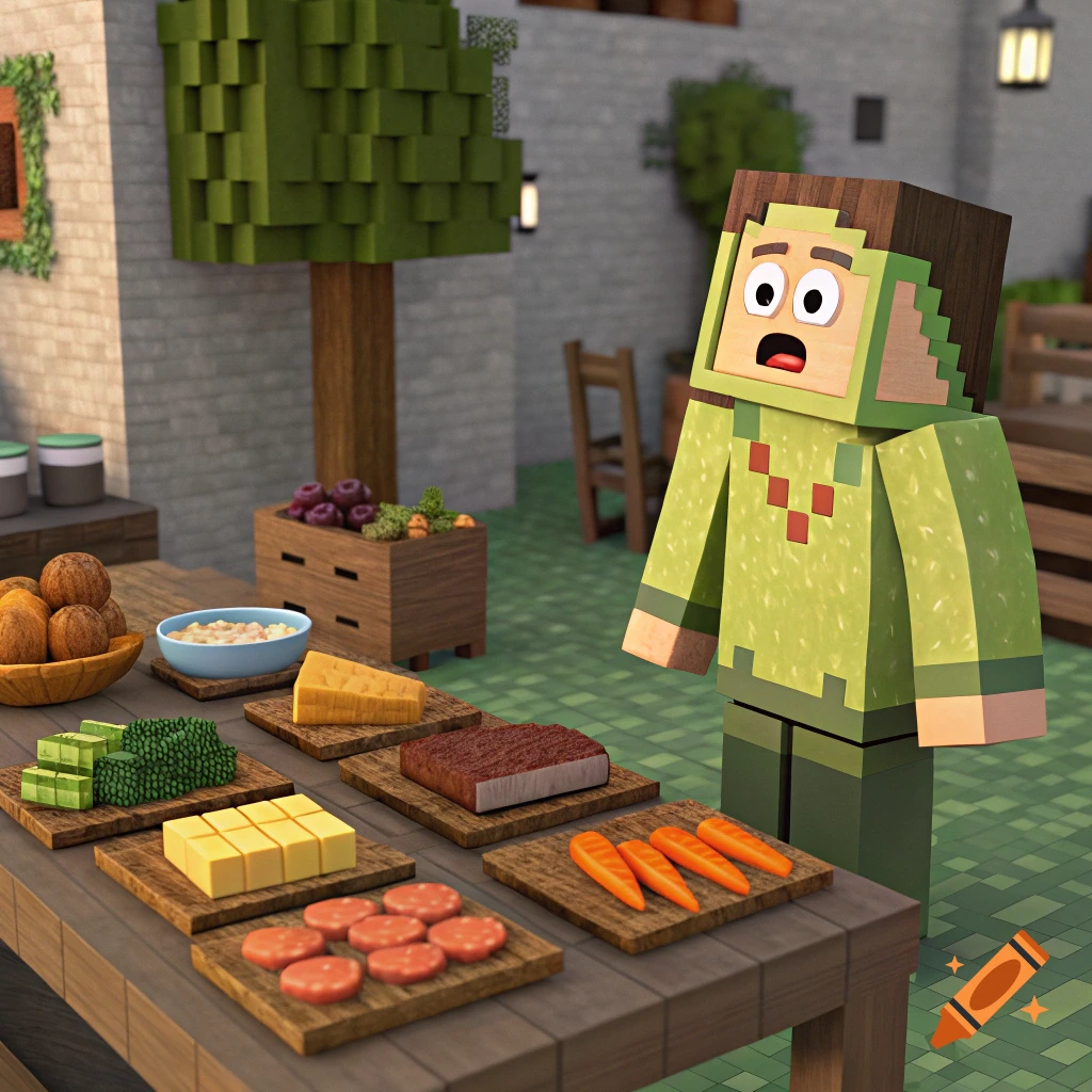 A shocked Minecraft character looks at a table laden with blocky food items like steak, cheese, and carrots.