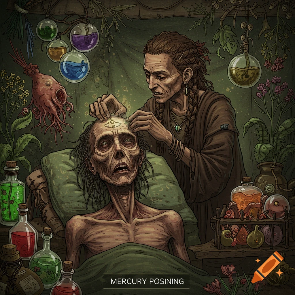 A frail person is being treated with herbs and potions in a dark, cluttered room.