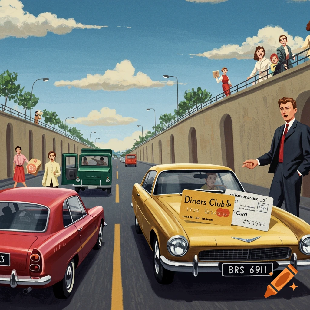 A vintage street scene with classic cars and people, one holding a credit card.