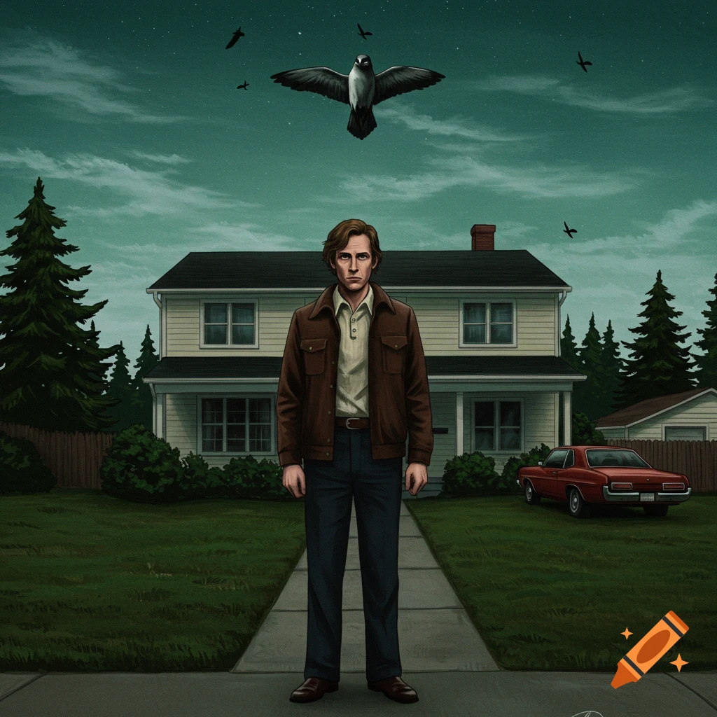 A man in a brown jacket is standing in front of a suburban house with birds flying overhead.