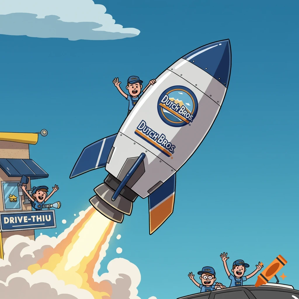 Cartoon rocket launching from a drive-thru with people.