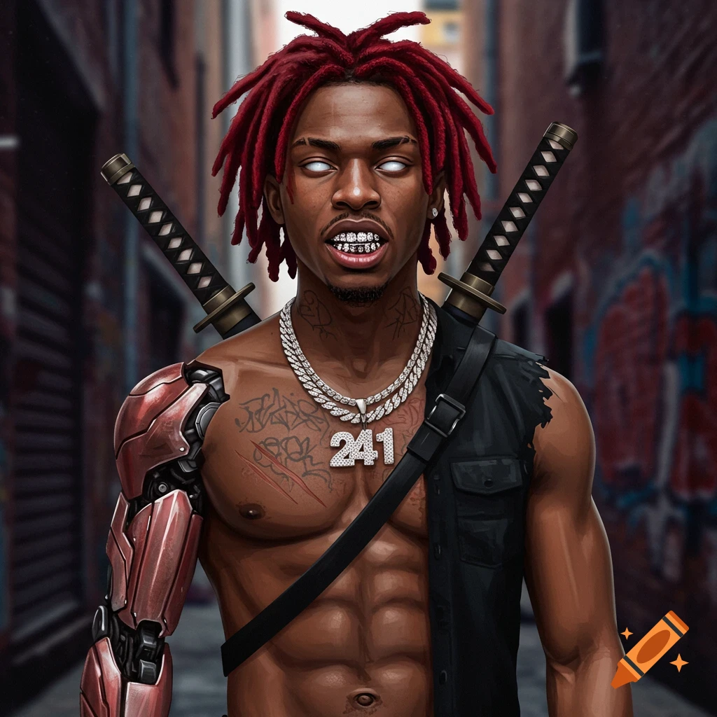 A man with red dreads, white eyes, a cyborg arm, tattoos, a vest, and katanas in an alley, with a 241 chain.