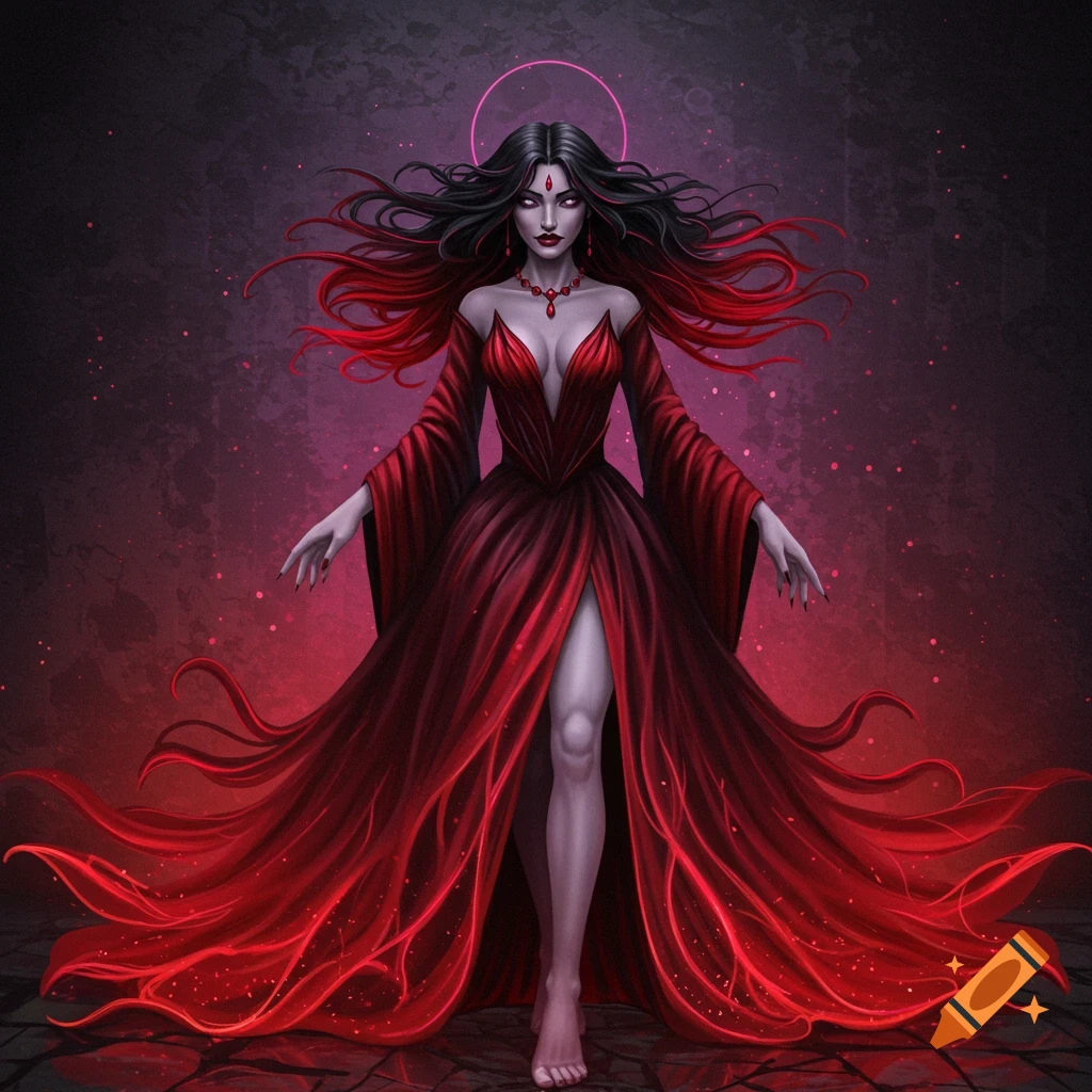 A fantasy woman in a flowing red dress with long dark hair, glowing ...