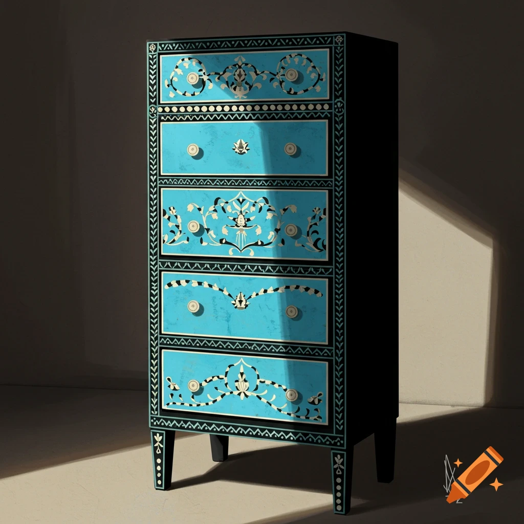 Black chest of drawers with bright blue bone inlay drawers, lit by sunlight.