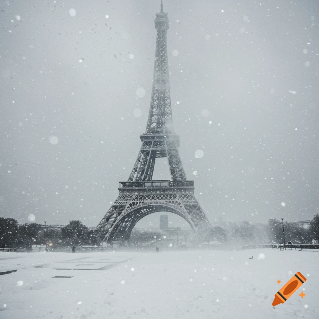 Photorealistic image of the Eiffel Tower in Paris during a heavy snowstorm