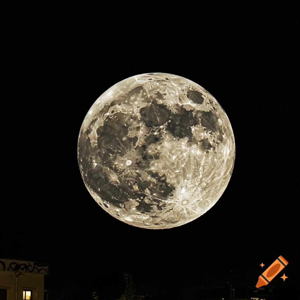 A large full moon hangs in a dark night sky above buildings.