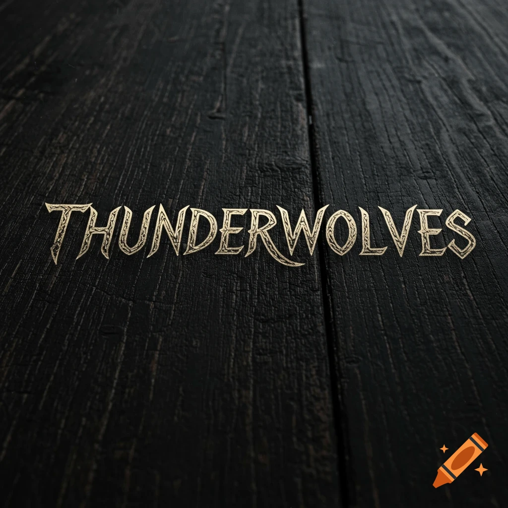 The word THUNDERWOLVES in decorative font on a dark wood texture background