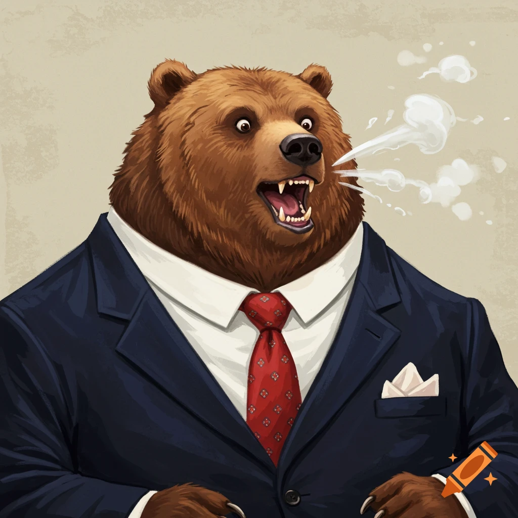 A cartoon-style bear in a suit, shirt, and tie, exhaling steam.