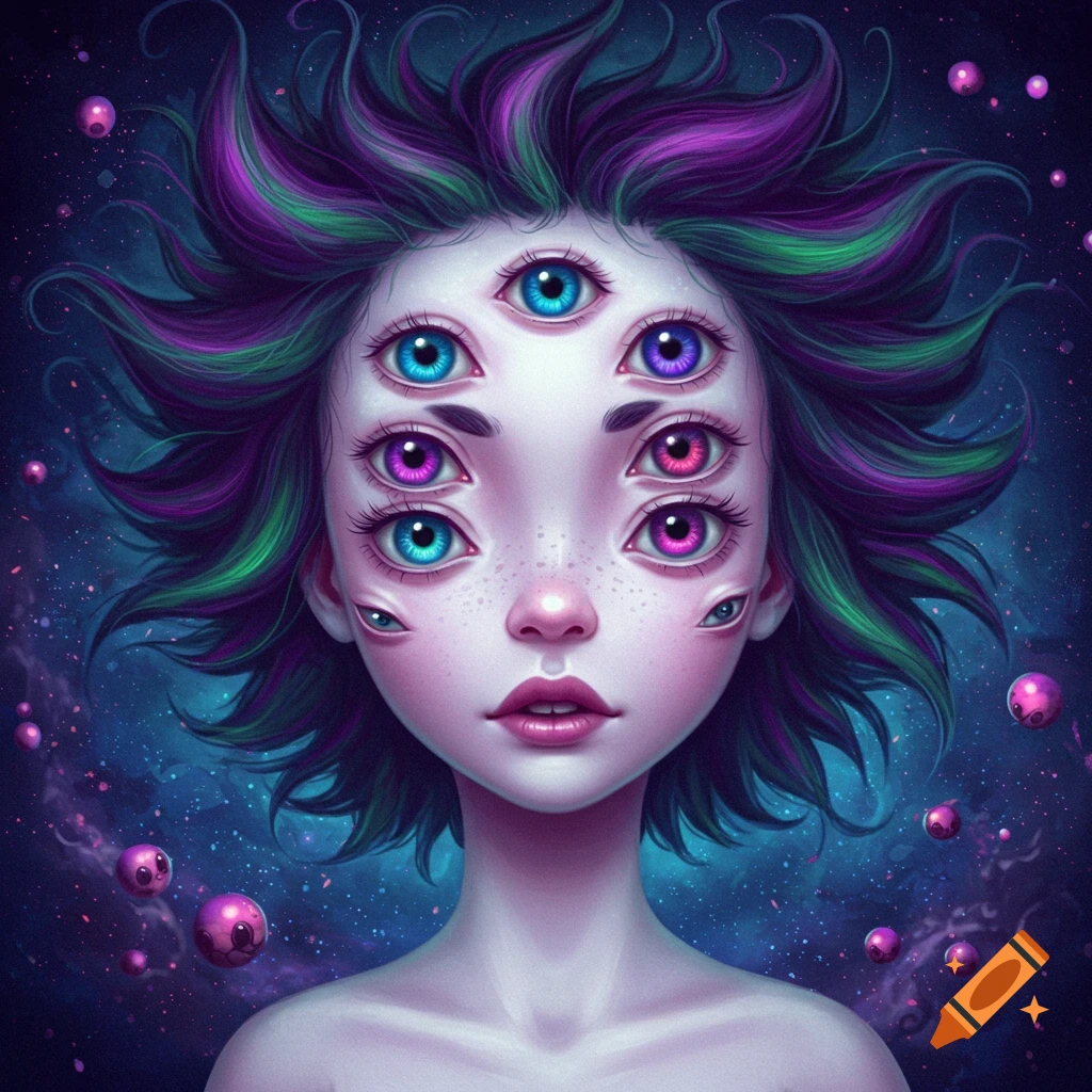 A character with many eyes and purple and green hair in space.