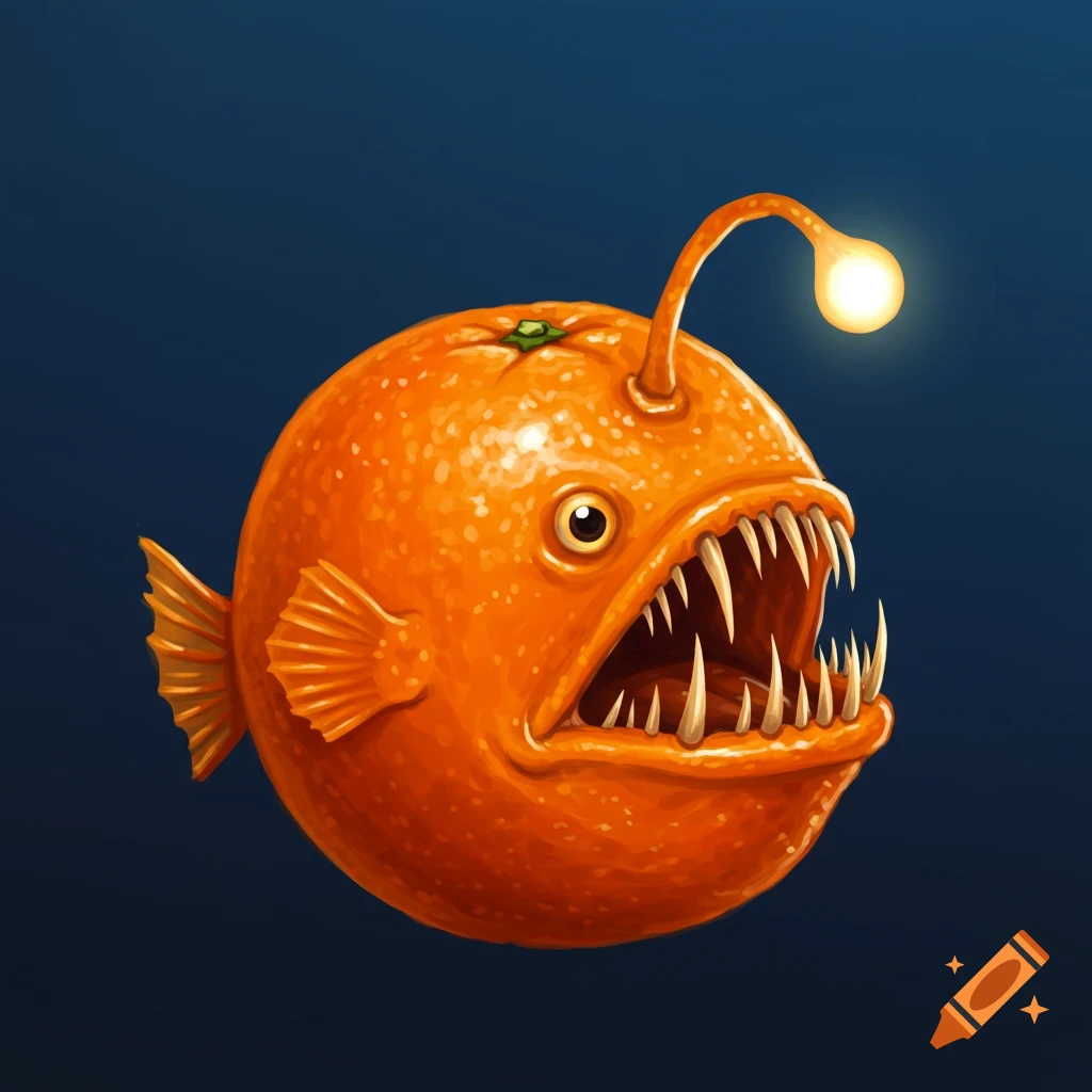 An orange shaped anglerfish with sharp teeth.