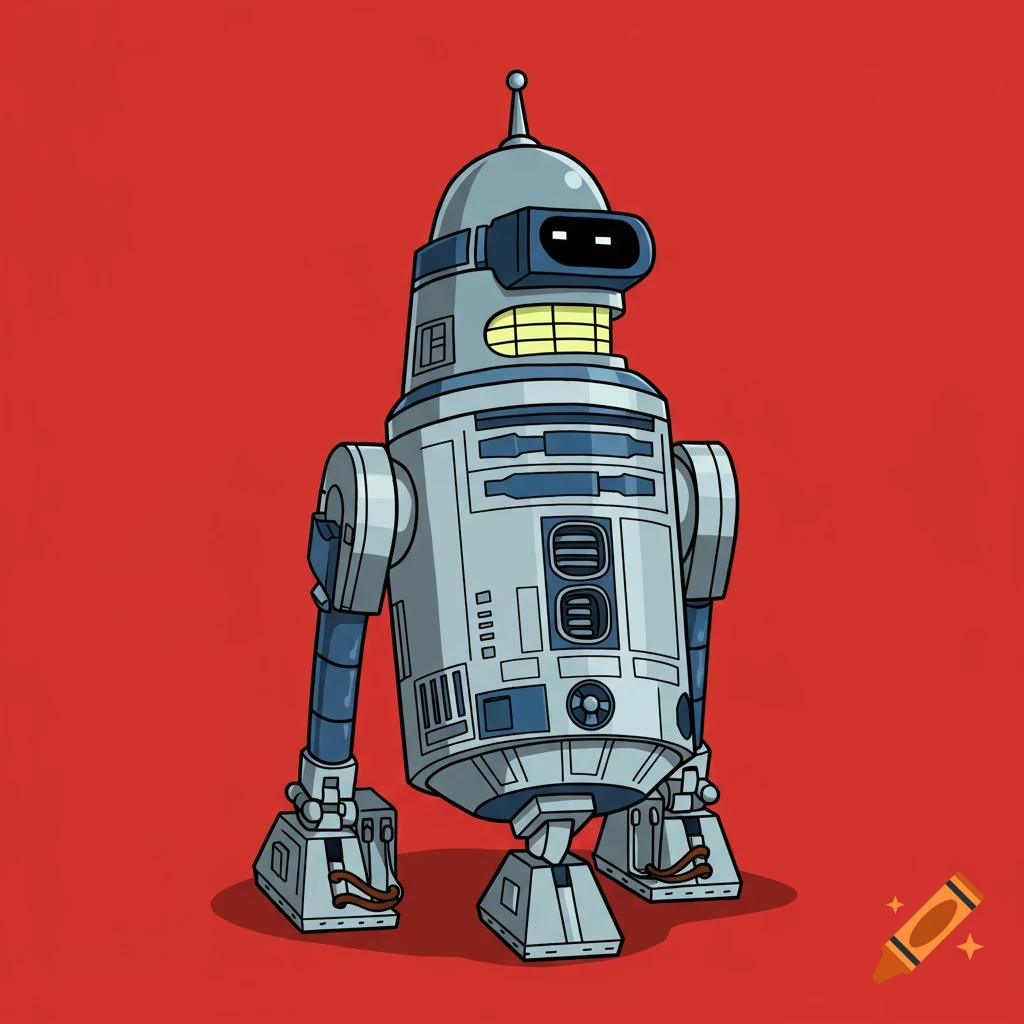 A vector graphic illustration of a robot hybrid of R2D2 and Bender on a red background.