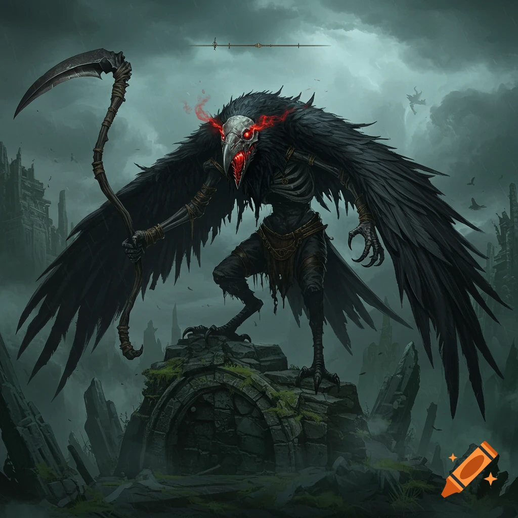 A monstrous crow-like creature with glowing red eyes, holding a scythe on ruins in a stormy environment.