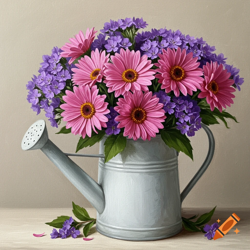 A painting of pink and purple flowers in a gray watering can.