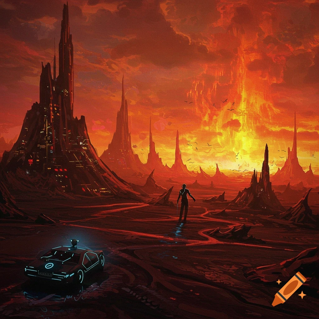 A person and futuristic car in a red, alien landscape with spiky rocks under a fiery sky.
