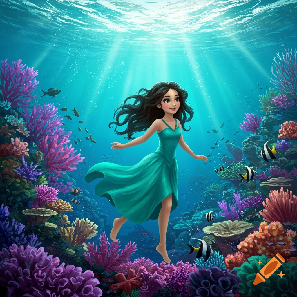 A girl in a teal dress swims through a vibrant underwater coral reef with fish.