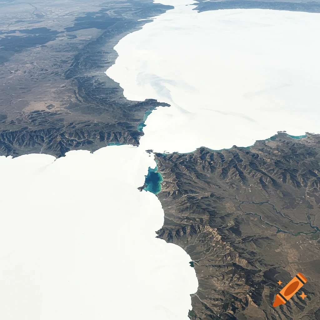 Aerial view of land masses separated by a large white body of water