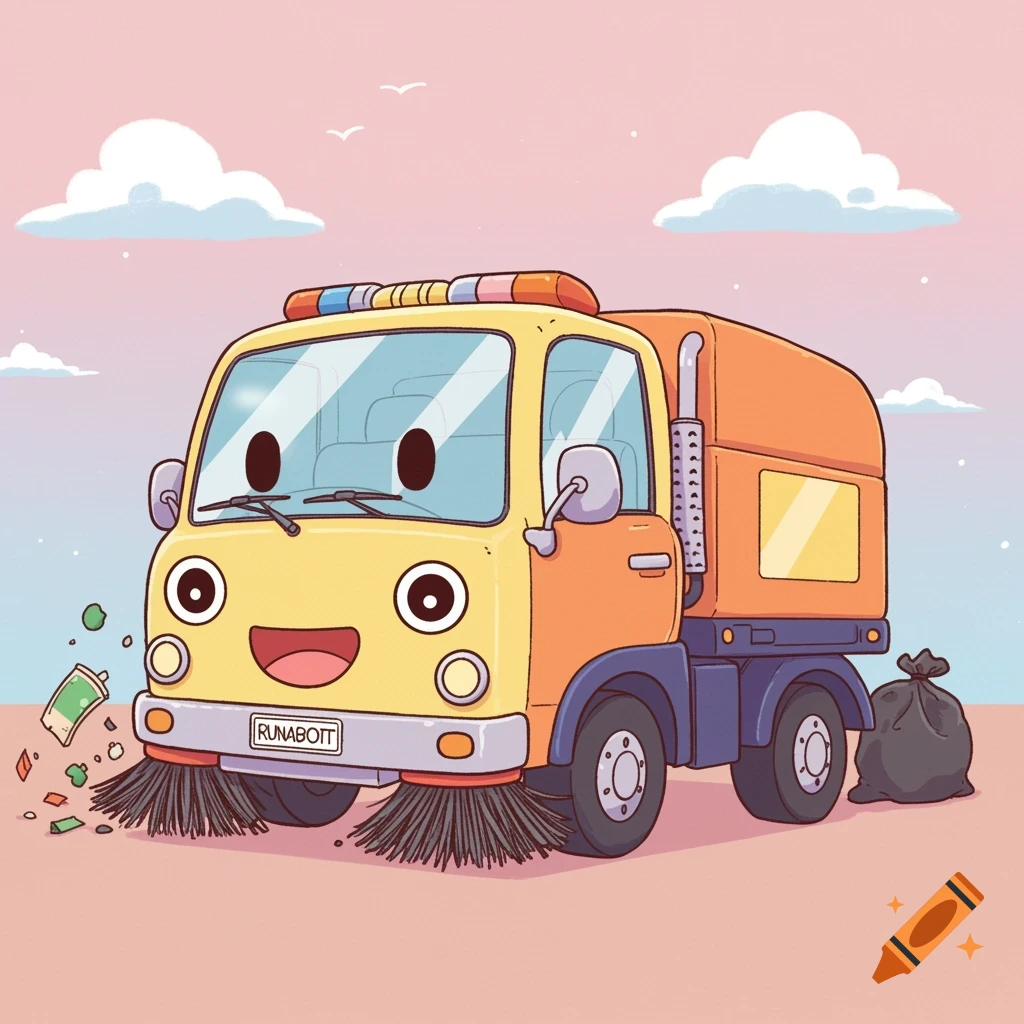 A cute cartoon yellow and orange street sweeper truck with a smiley face sweeps up trash under a pastel pink and blue sky.