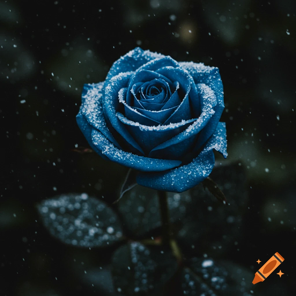 Close-up photo of a dark blue rose covered in snow against a dark background.