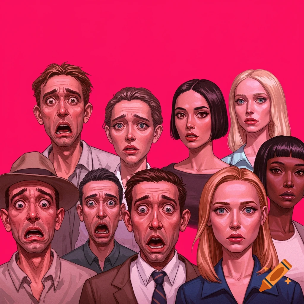 A group of people with scared expressions stand against a pink background.