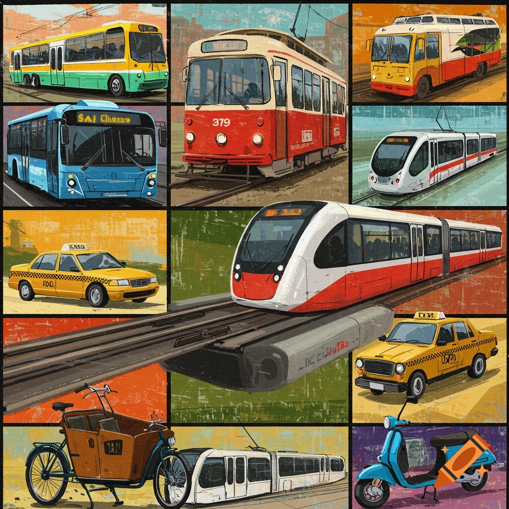 Collage illustration of various urban transportation vehicles including buses, trams, trains, taxis, a cargo bike, and a scooter.