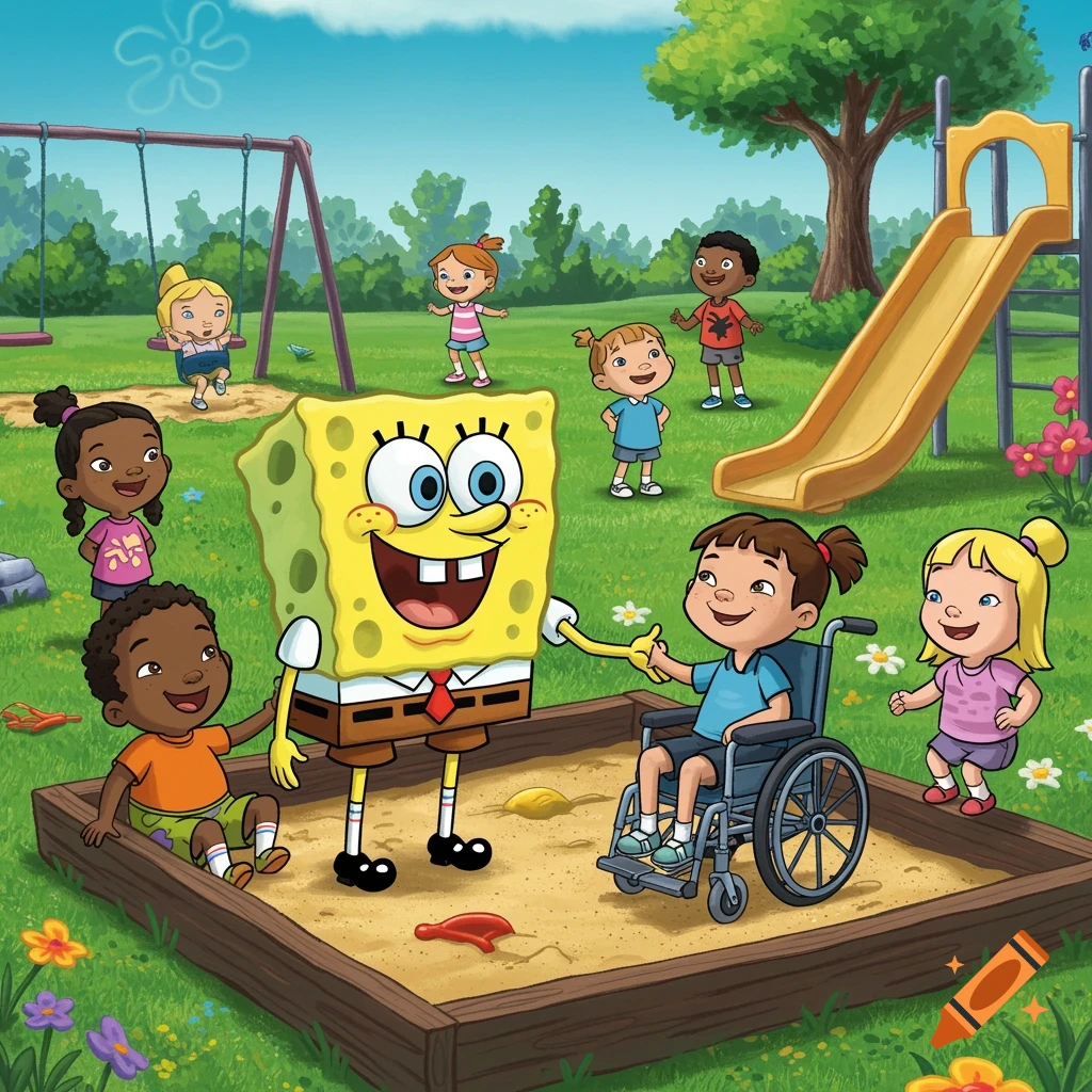 SpongeBob plays with diverse children in an accessible playground.