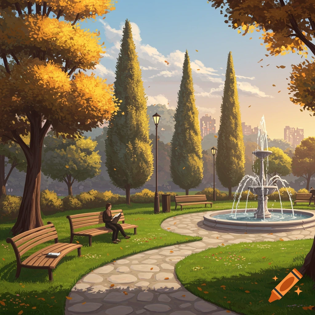 An autumn park at dusk with a fountain and person on a bench.