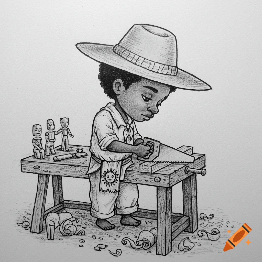 Graphite pencil sketch of a chibi-style child woodworker sawing wood on a workbench, with wood shavings and figurines.