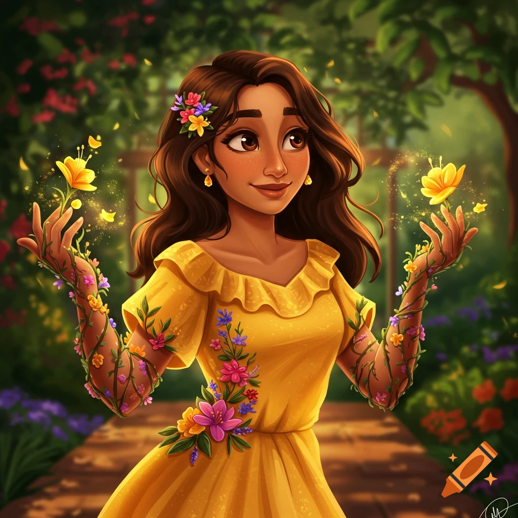 Isabela Madrigal with flowers growing from her arms, in a bright garden.
