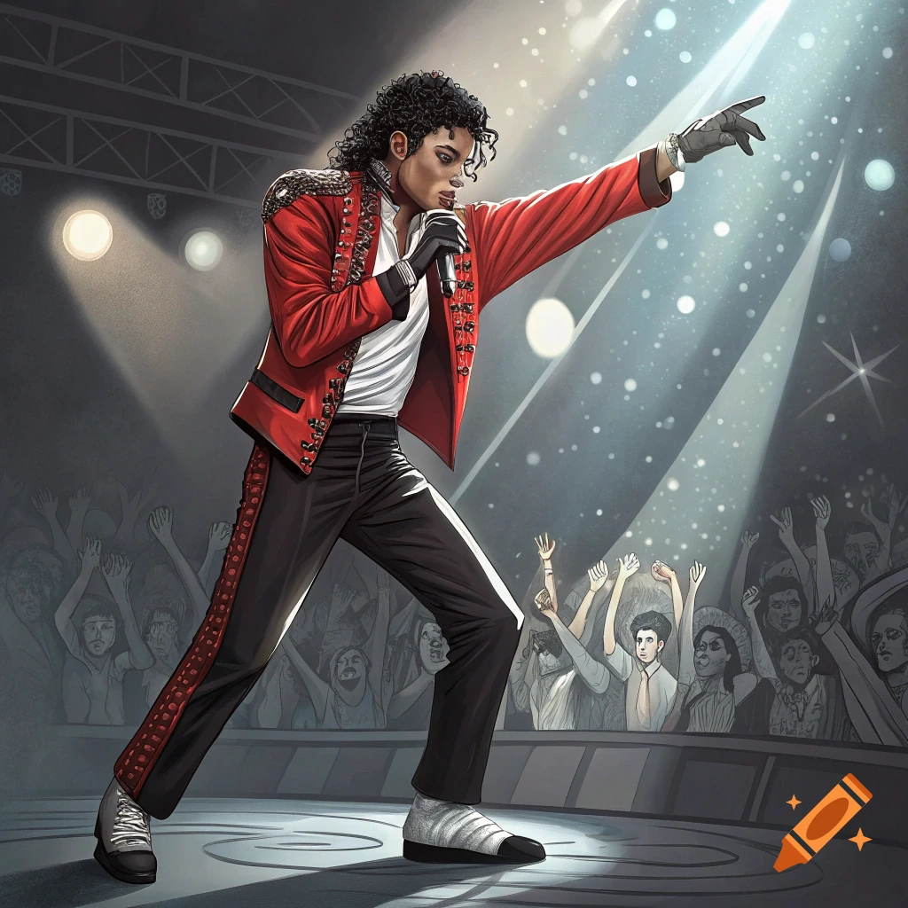 Illustration of Michael Jackson performing on stage in a red jacket, reaching out to an audience.