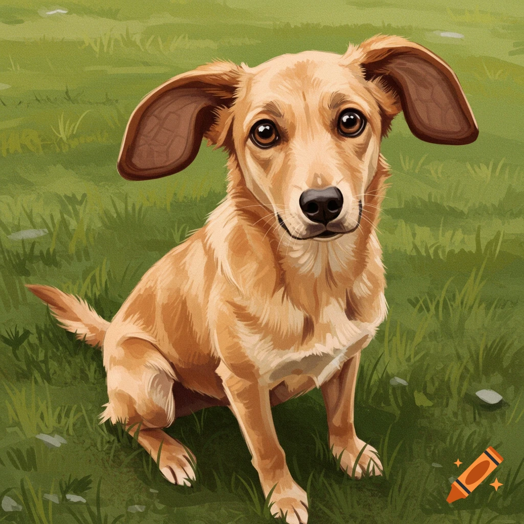 A light brown dog with large floppy ears is sitting in green grass.