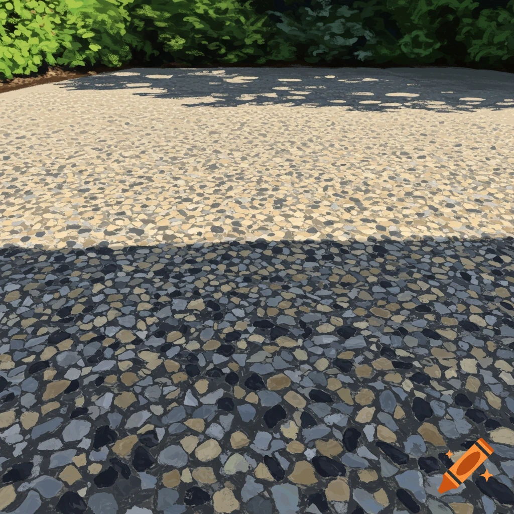 Exposed aggregate ground with shadows and green plants in the background.
