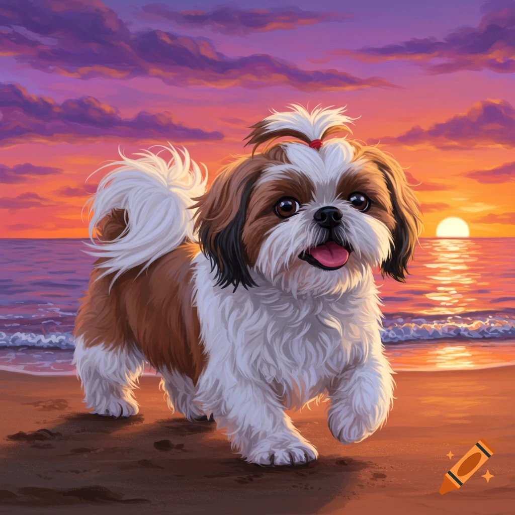 A Shih Tzu dog runs on a beach during a colorful sunset.