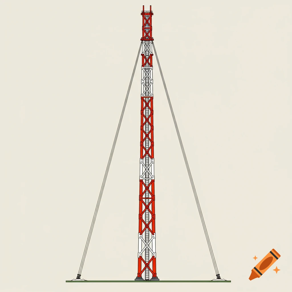 A 2D illustration of a red and white guyed tower seen from the front.