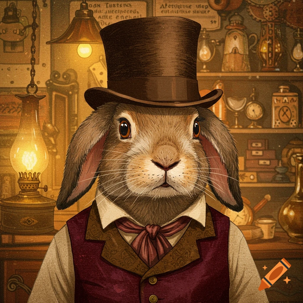 A rabbit wearing a top hat and vest in a vintage shop
