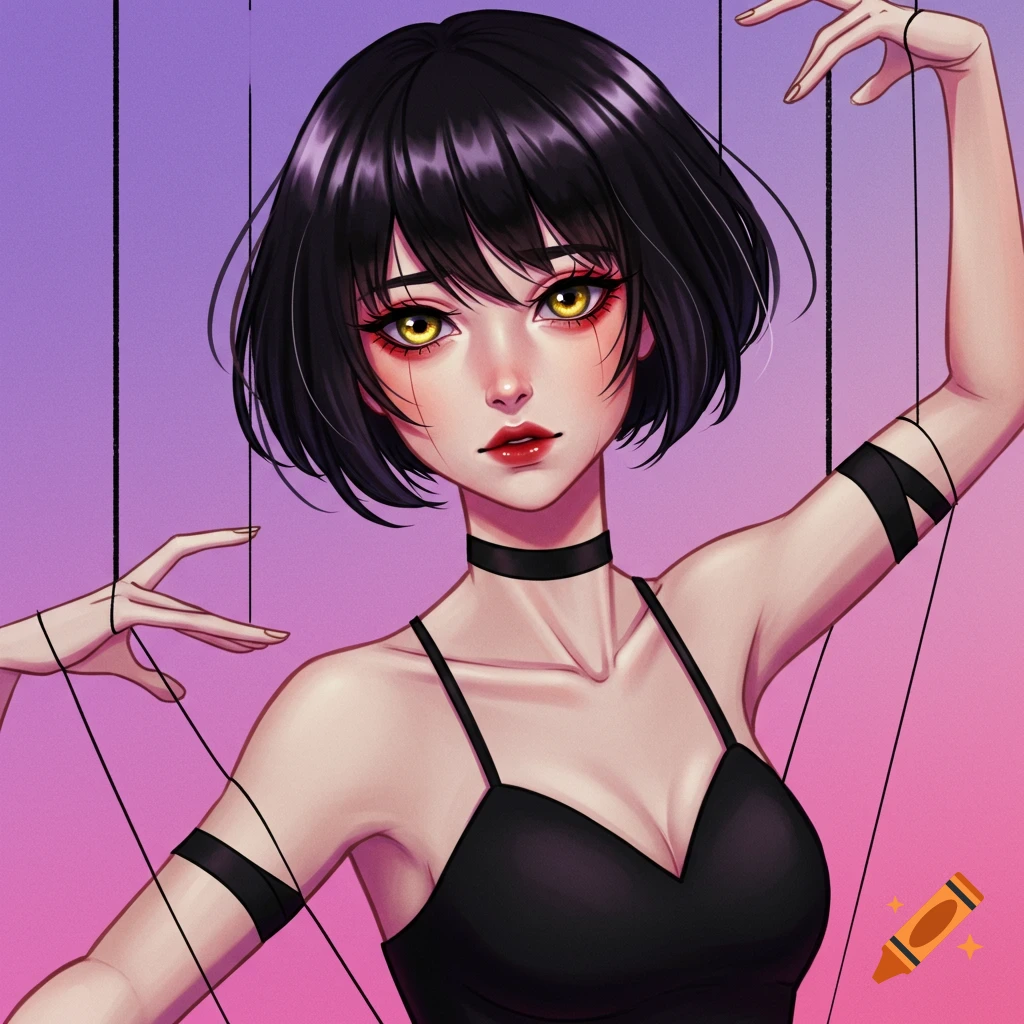 Anime portrait of a woman with short black hair and golden eyes, controlled by puppet strings.