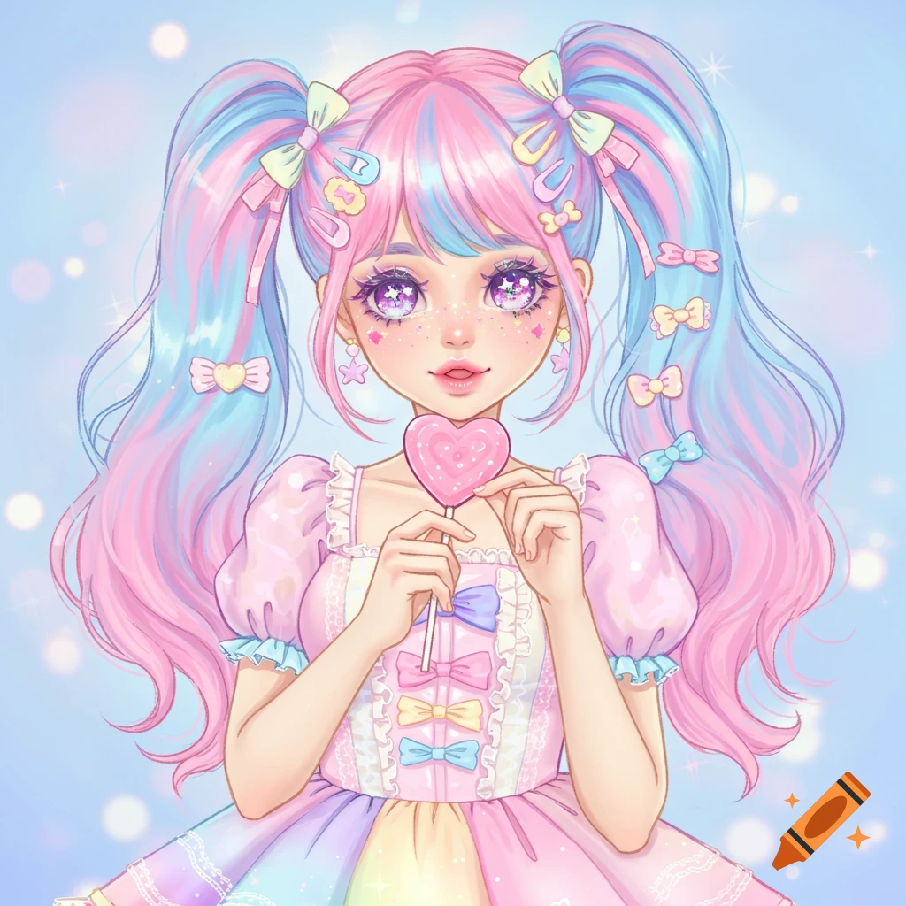 Cute anime girl with pastel pink and blue hair in pigtails, wearing a colorful dress and holding a heart lollipop.