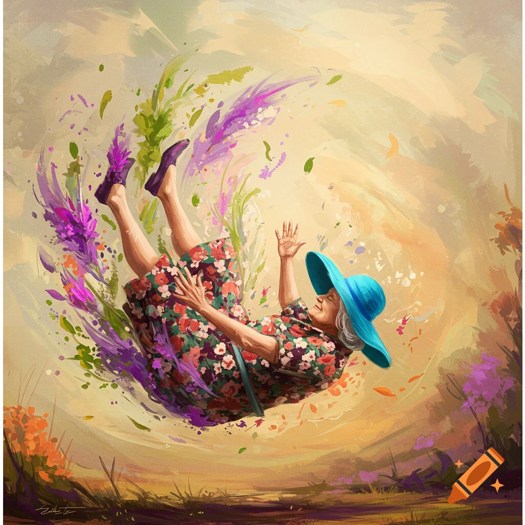 An old lady falling backwards surrounded by swirling flowers and leaves.