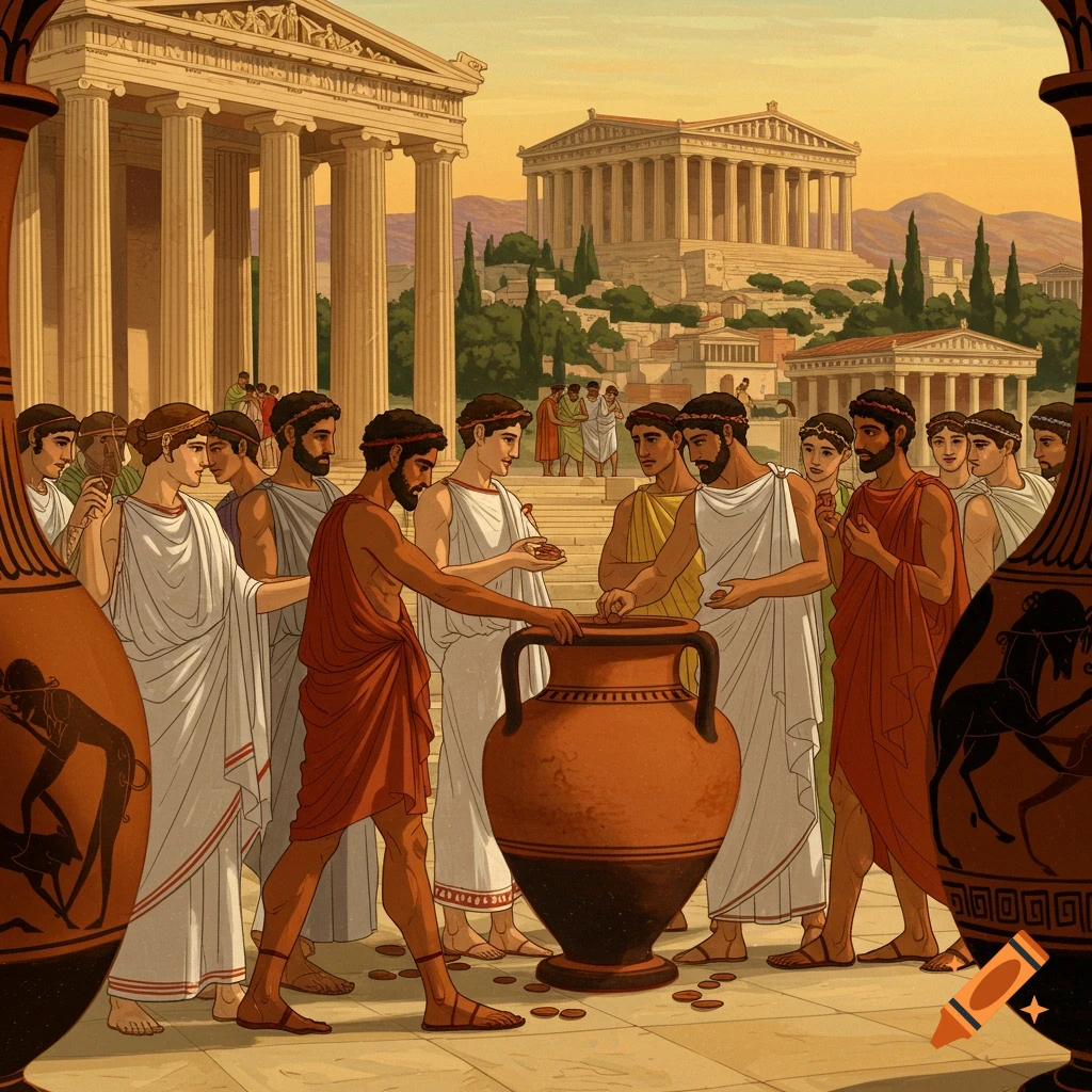 Ancient Greek people are voting around a large amphora with temples in the background.