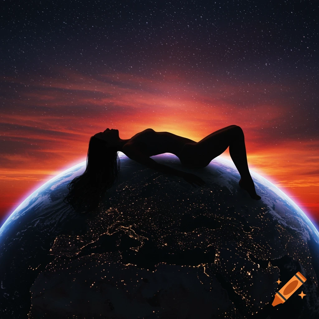 Silhouette of a figure lying on Earth against a starry sunset sky, digital art.