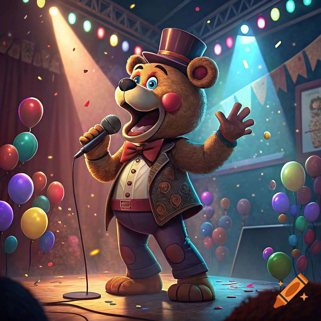 Cartoon bear character singing on stage with microphone, balloons, and confetti.