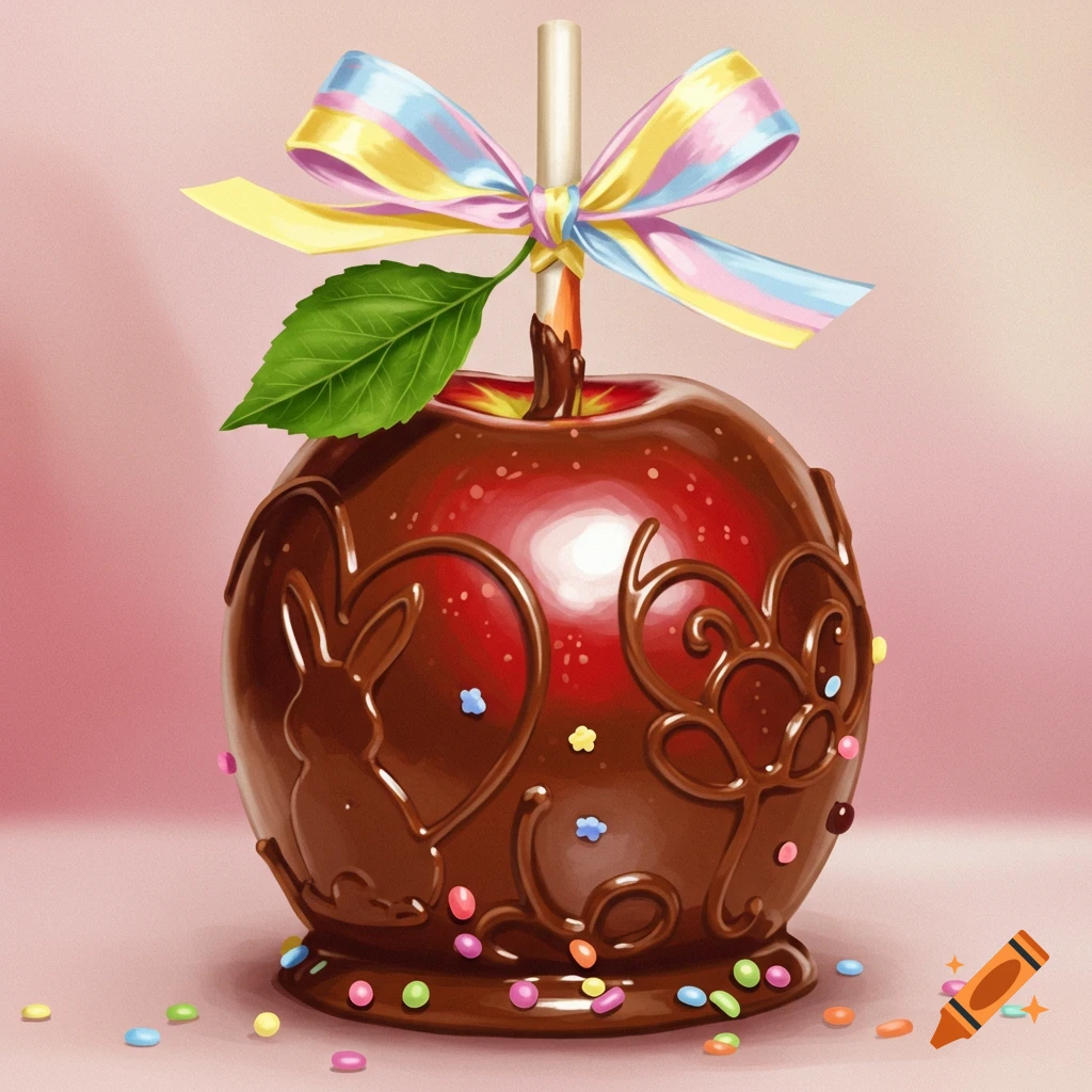 An Easter chocolate apple decorated with chocolate swirls, a bunny, sprinkles, a leaf, and a pastel ribbon, on a pink background.
