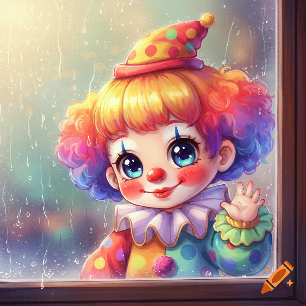 Chibi cartoon clown waves through rainy window