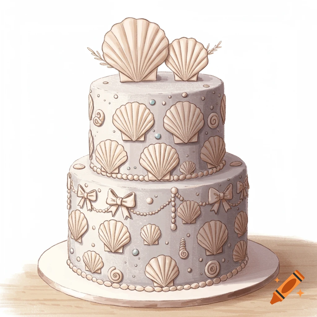 A two-tiered cake decorated with seashells, pearls, and bows.