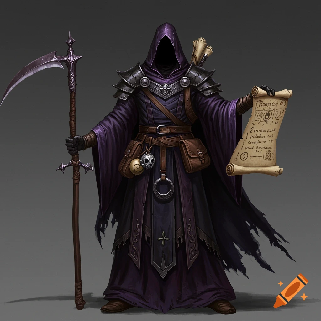 A shadowy figure in dark purple robes holds a scythe and a scroll, depicting a dark fantasy character.