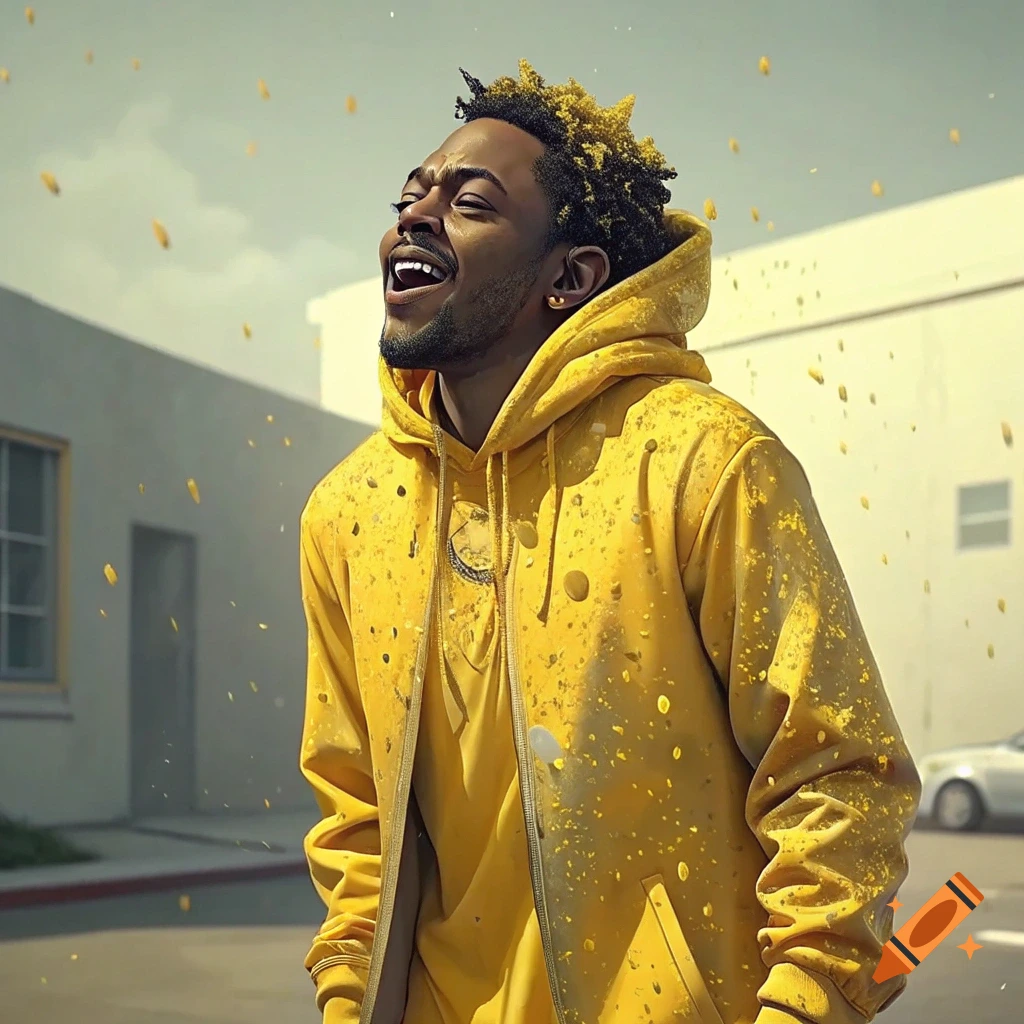 A man in a yellow hoodie laughs while yellow material falls around him.
