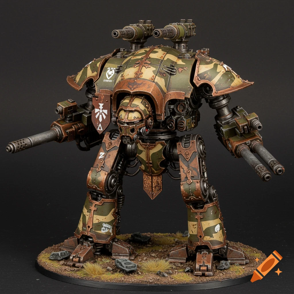 Warhammer 40K Warlord Titan miniature painted with camouflage and weathering.